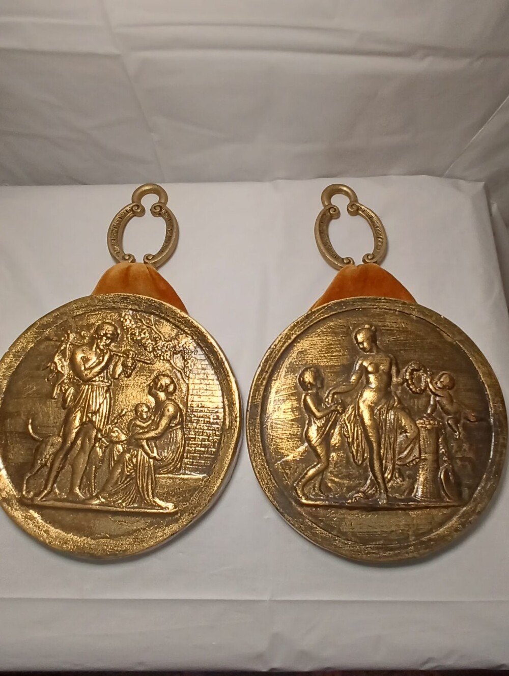 Vintage Neoclassic Greek Scenes. Decorative Gold Medallion Wall Plaques - Pair